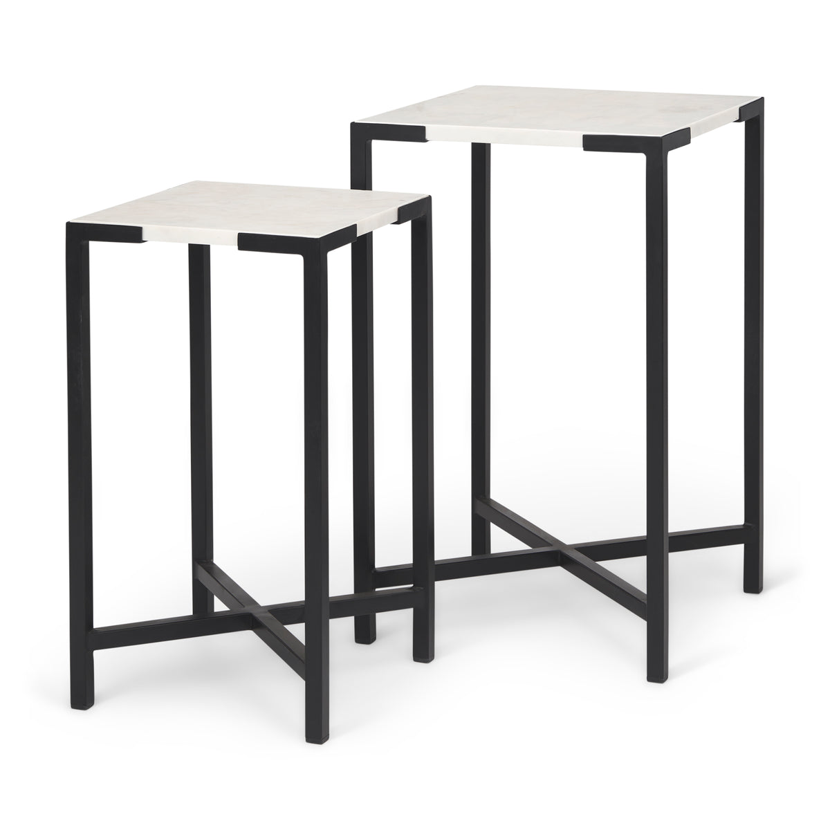Lucas III (Set of 2) 15L x 15W; 12L x 12W White Marble W/Black Iron Frame Accent Tables-Accent Tables-DECOROLALA