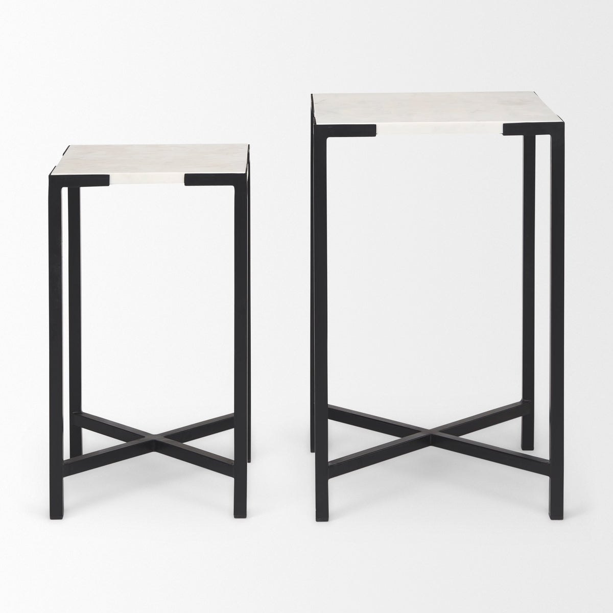 Lucas III (Set of 2) 15L x 15W; 12L x 12W White Marble W/Black Iron Frame Accent Tables-Accent Tables-DECOROLALA