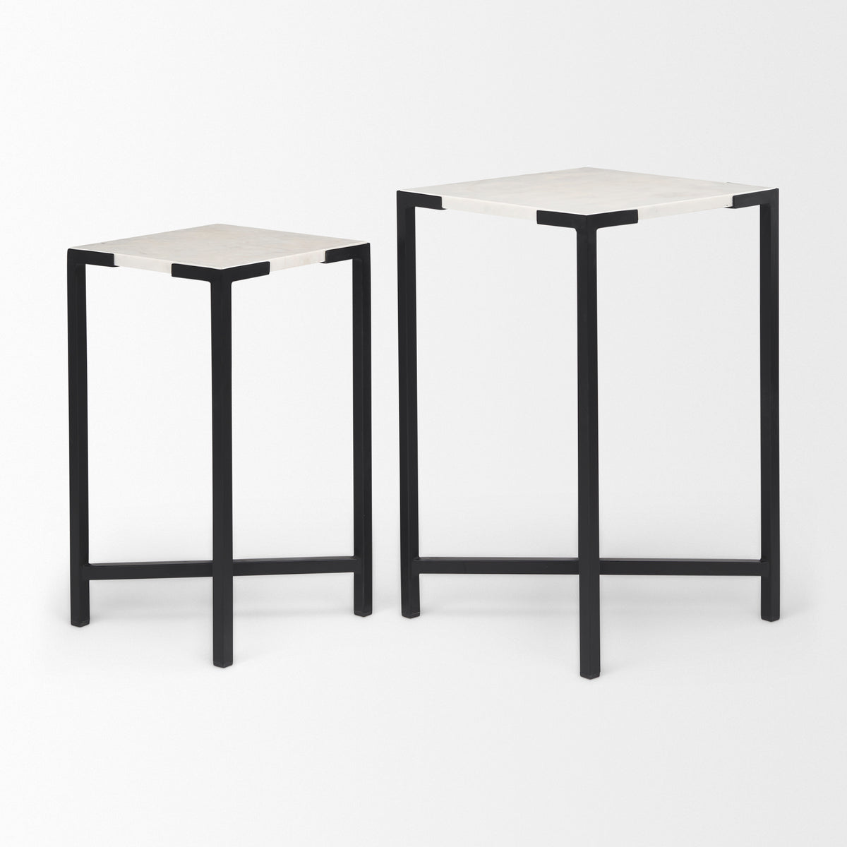 Lucas III (Set of 2) 15L x 15W; 12L x 12W White Marble W/Black Iron Frame Accent Tables-Accent Tables-DECOROLALA