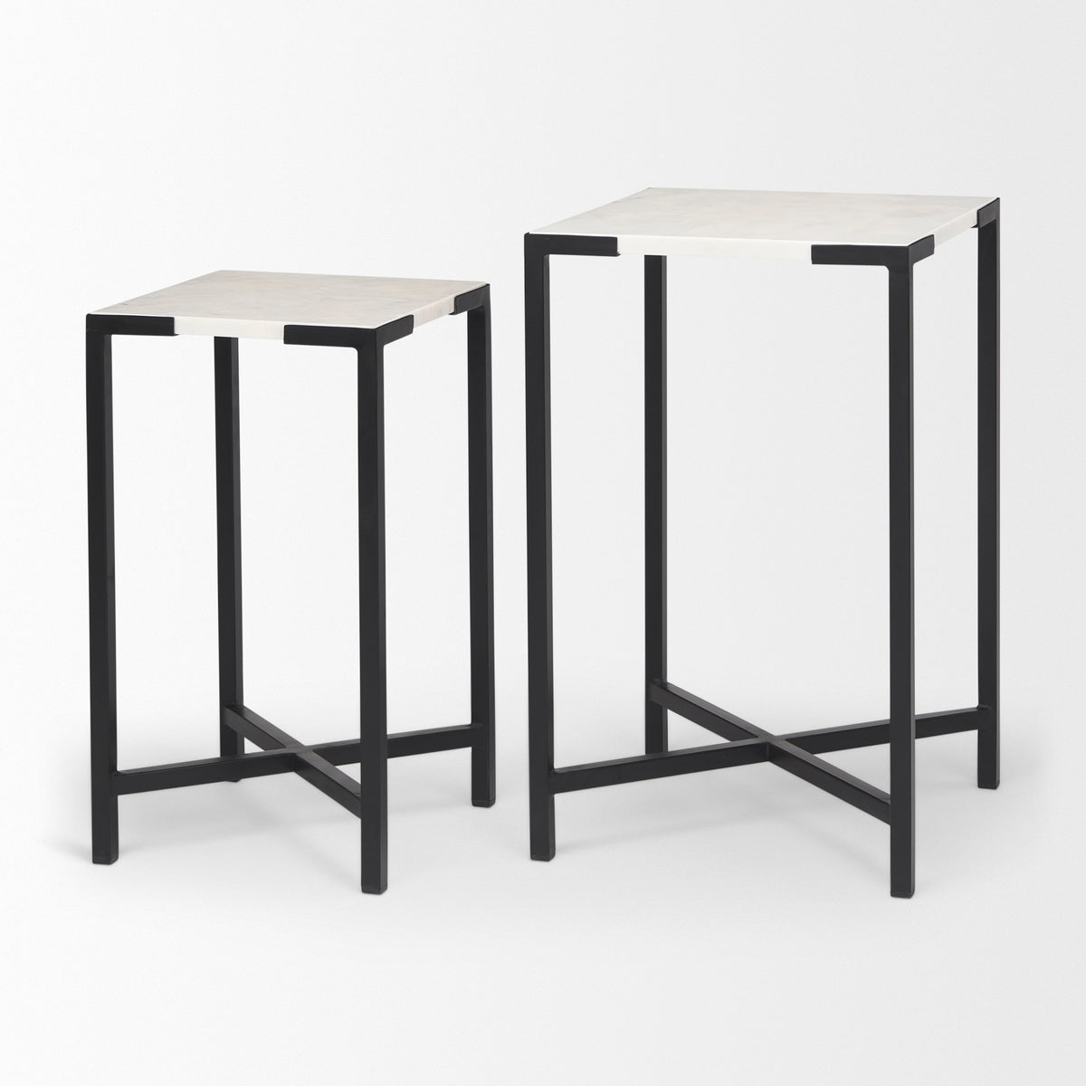 Lucas III (Set of 2) 15L x 15W; 12L x 12W White Marble W/Black Iron Frame Accent Tables-Accent Tables-DECOROLALA