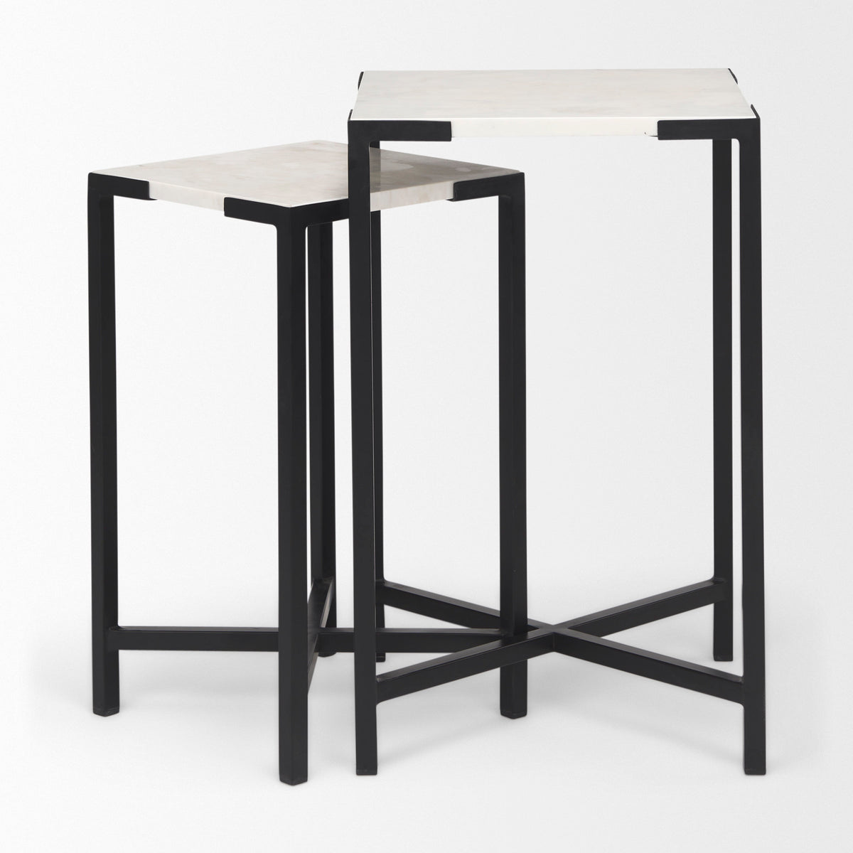 Lucas III (Set of 2) 15L x 15W; 12L x 12W White Marble W/Black Iron Frame Accent Tables-Accent Tables-DECOROLALA