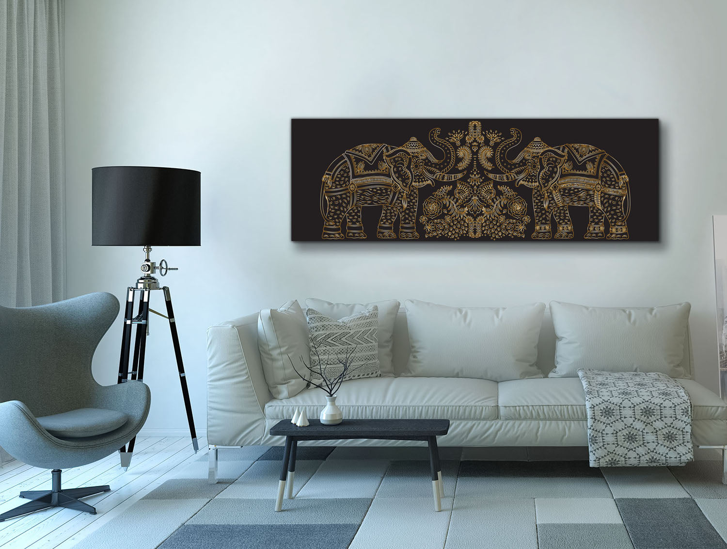 Lucky Trunk Up Elephants Wildlife Canvas 72x24-Wall Art-DECOROLALA