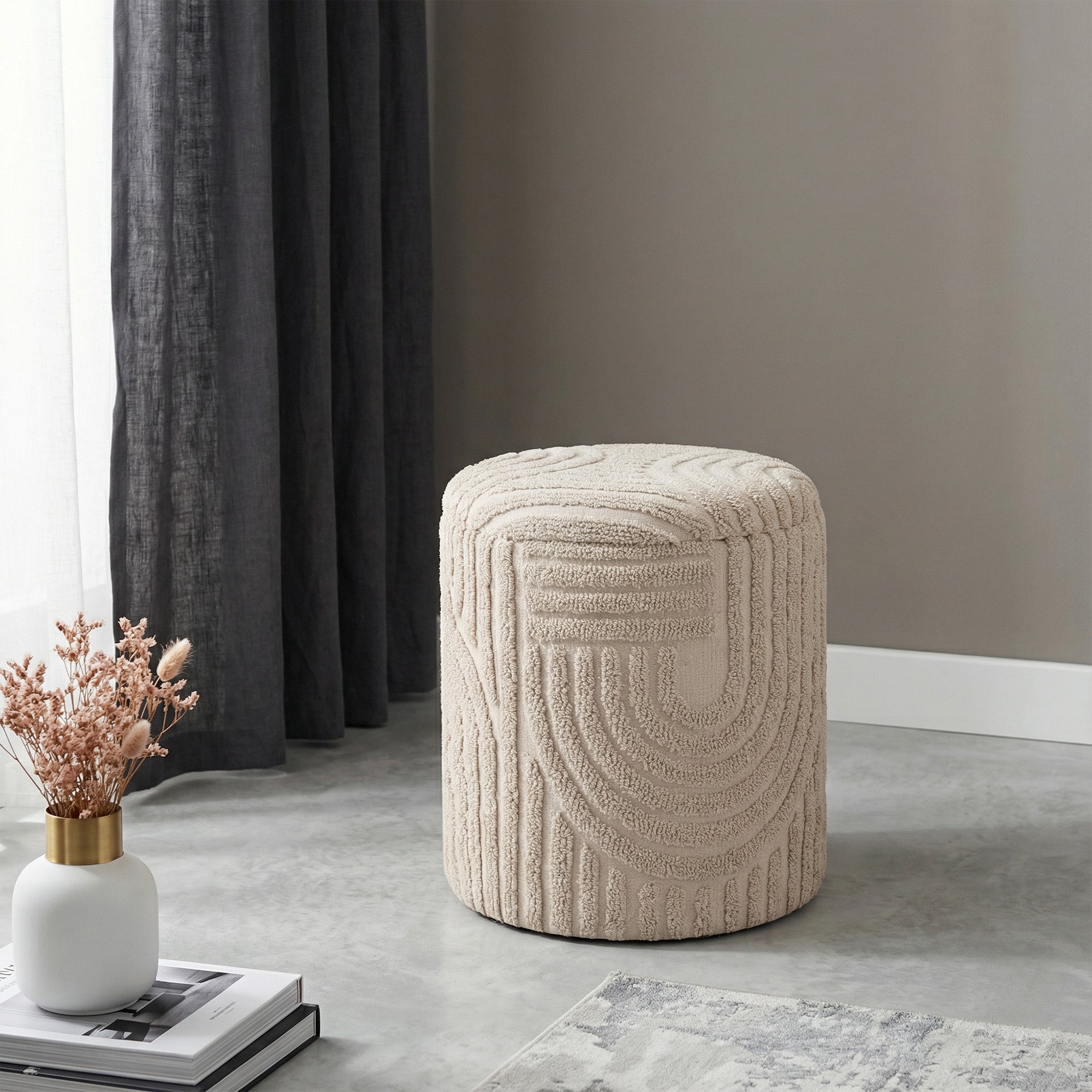 Lullu Round Storage Ottoman - Beige Geometric Pattern-DECOROLALA