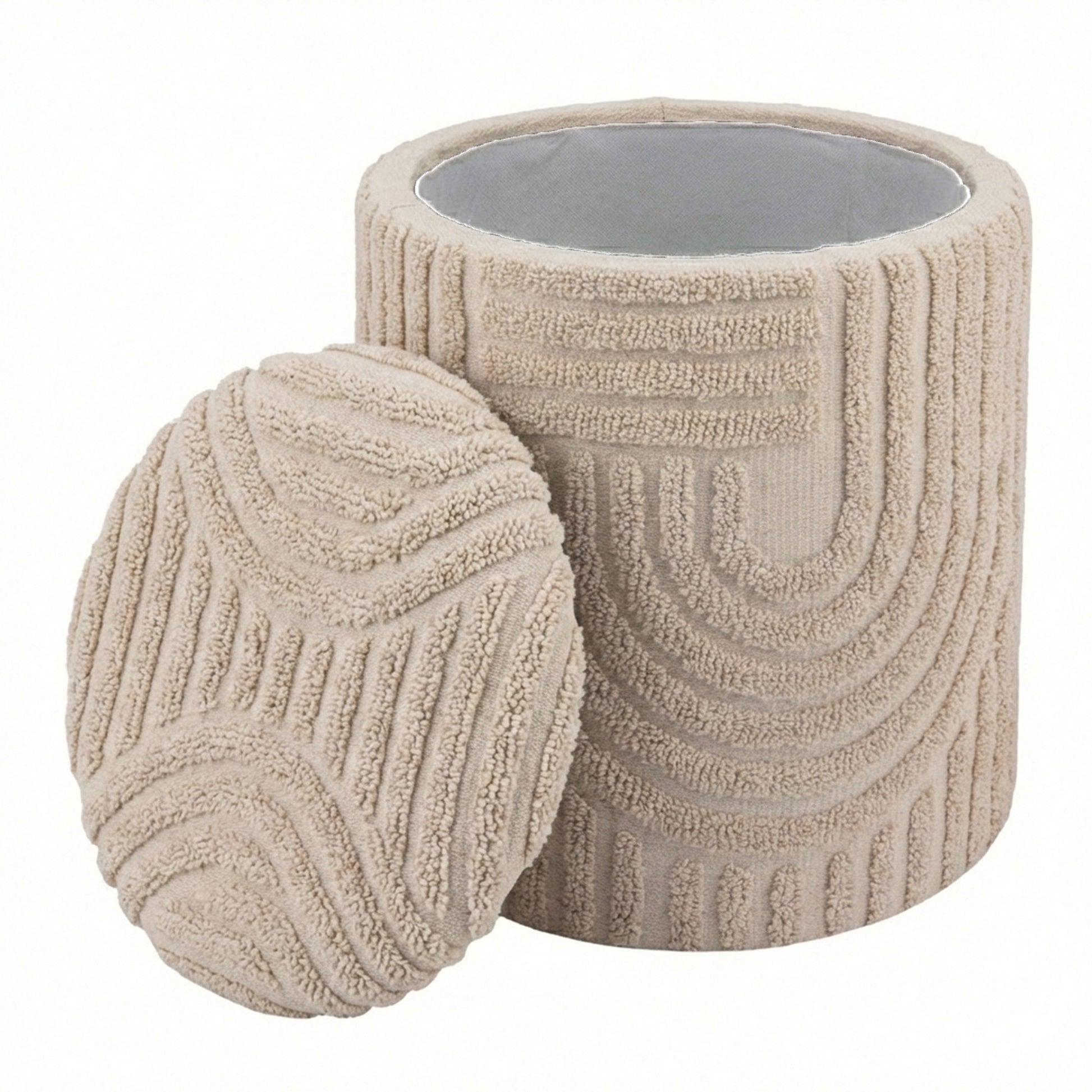 Lullu Round Storage Ottoman - Beige Geometric Pattern-DECOROLALA