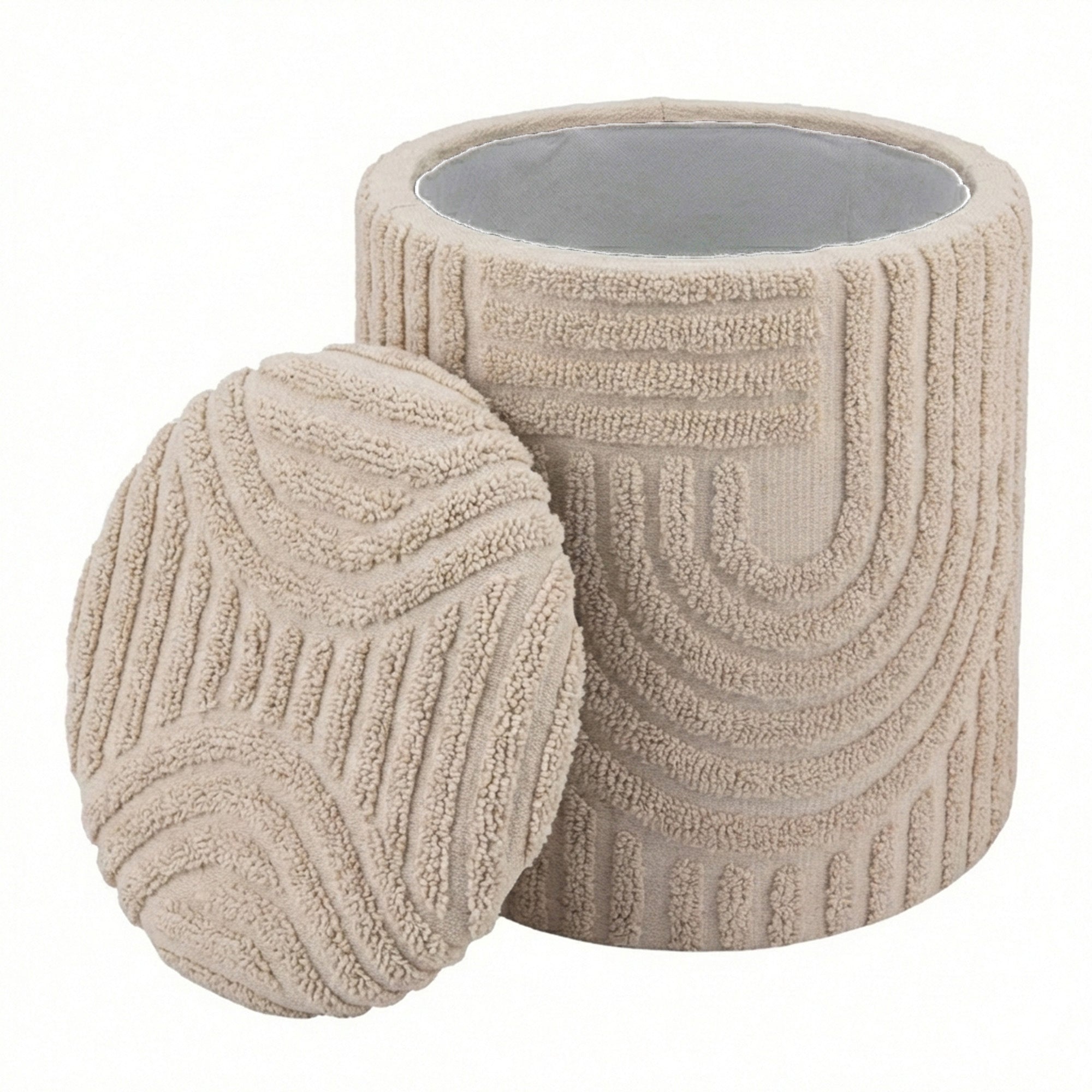 Lullu Round Storage Ottoman - Beige Geometric Pattern-DECOROLALA