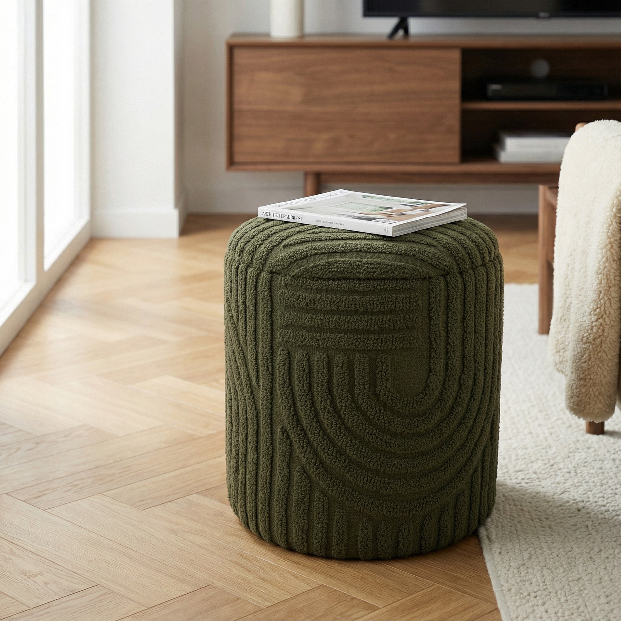 Lullu Round Storage Ottoman - Olive Green Geometric Pattern-DECOROLALA