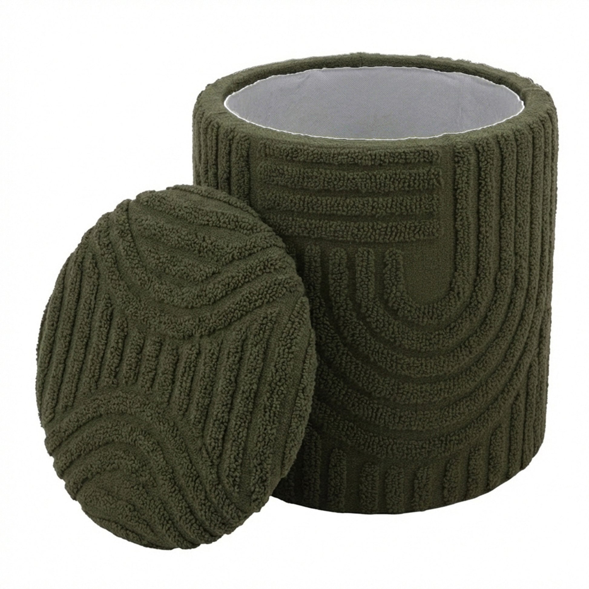 Lullu Round Storage Ottoman - Olive Green Geometric Pattern-DECOROLALA