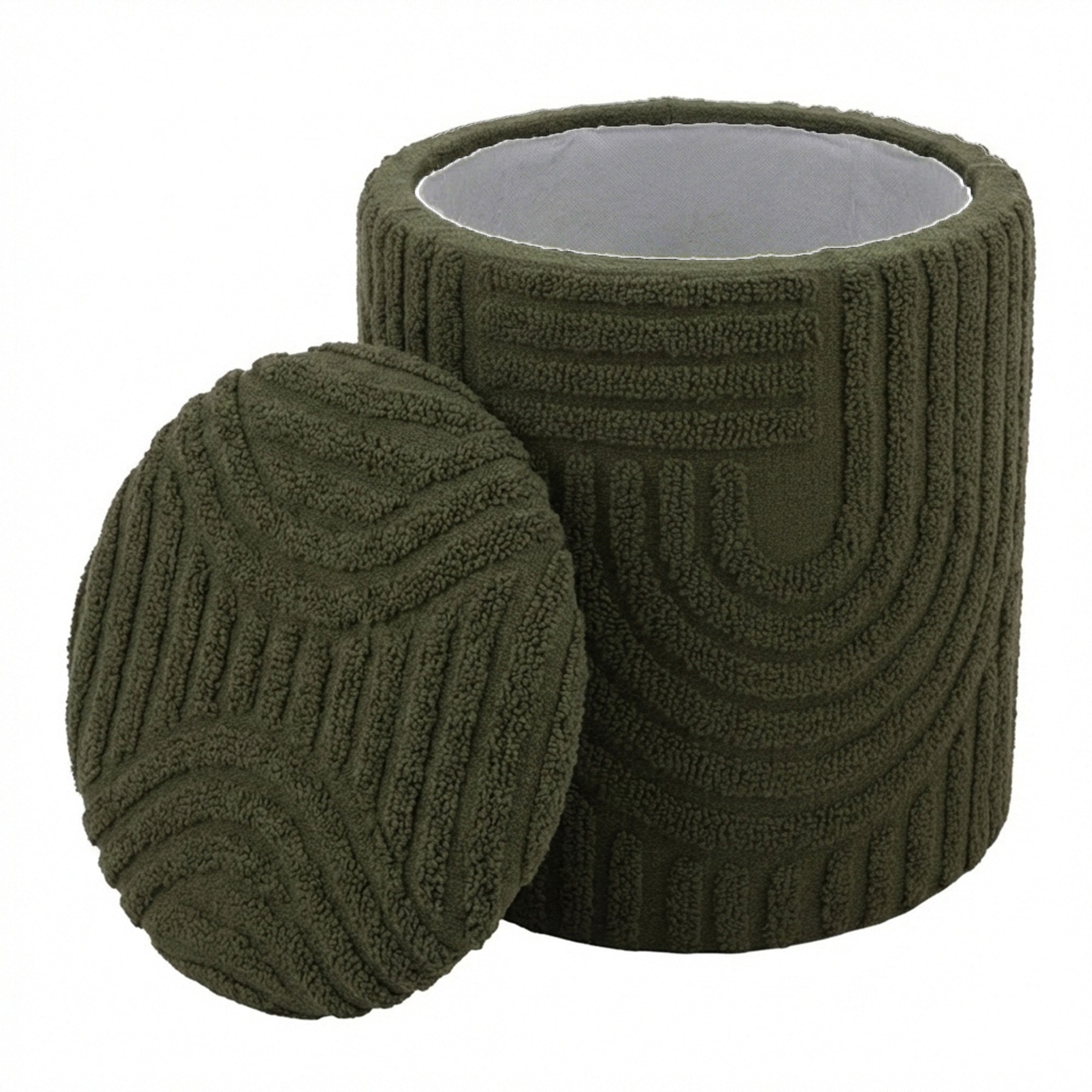 Lullu Round Storage Ottoman - Olive Green Geometric Pattern-DECOROLALA