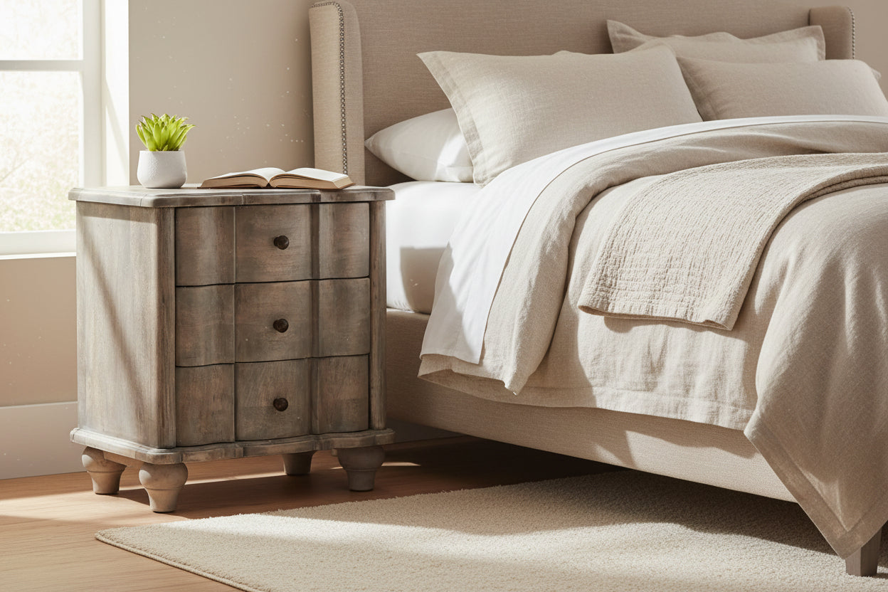 Lume Washed Bedside Table - Solid Mango Wood 3-Drawer Acid Wash-Nightstand-DECOROLALA