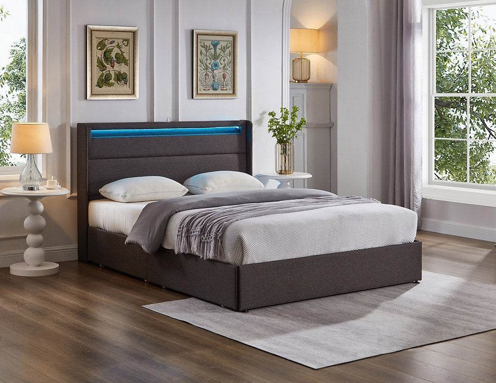 Luminous Grey Bed Frame with LED & Storage-DECOROLALA