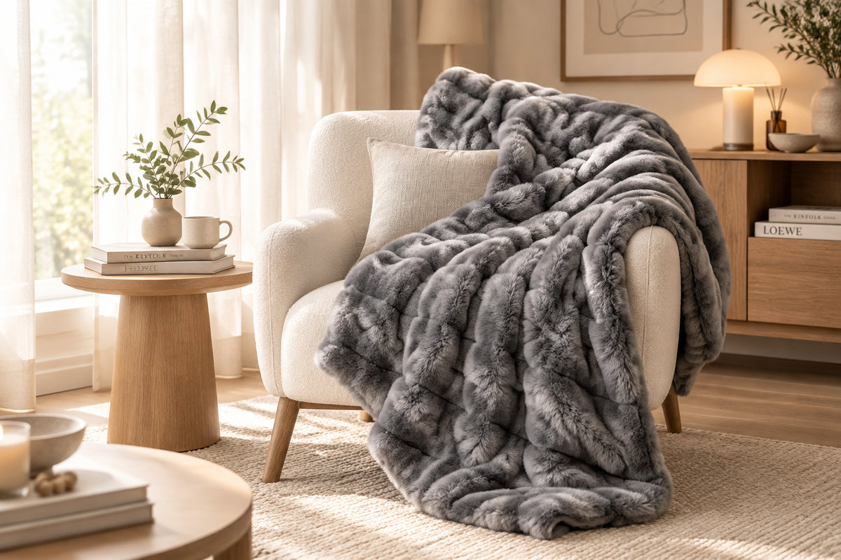 Luxury Fuzzy Plush Rabbit Fur Bubble Blanket for Armchair-Gray-Bedding-DECOROLALA