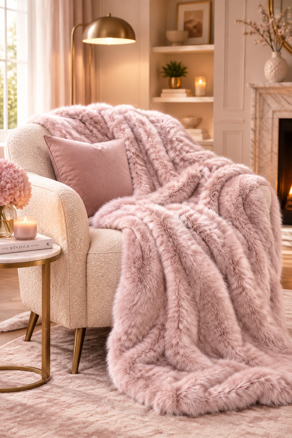 Luxury Fuzzy Plush Rabbit Fur Bubble Blanket for Armchair-Pink-Bedding-DECOROLALA