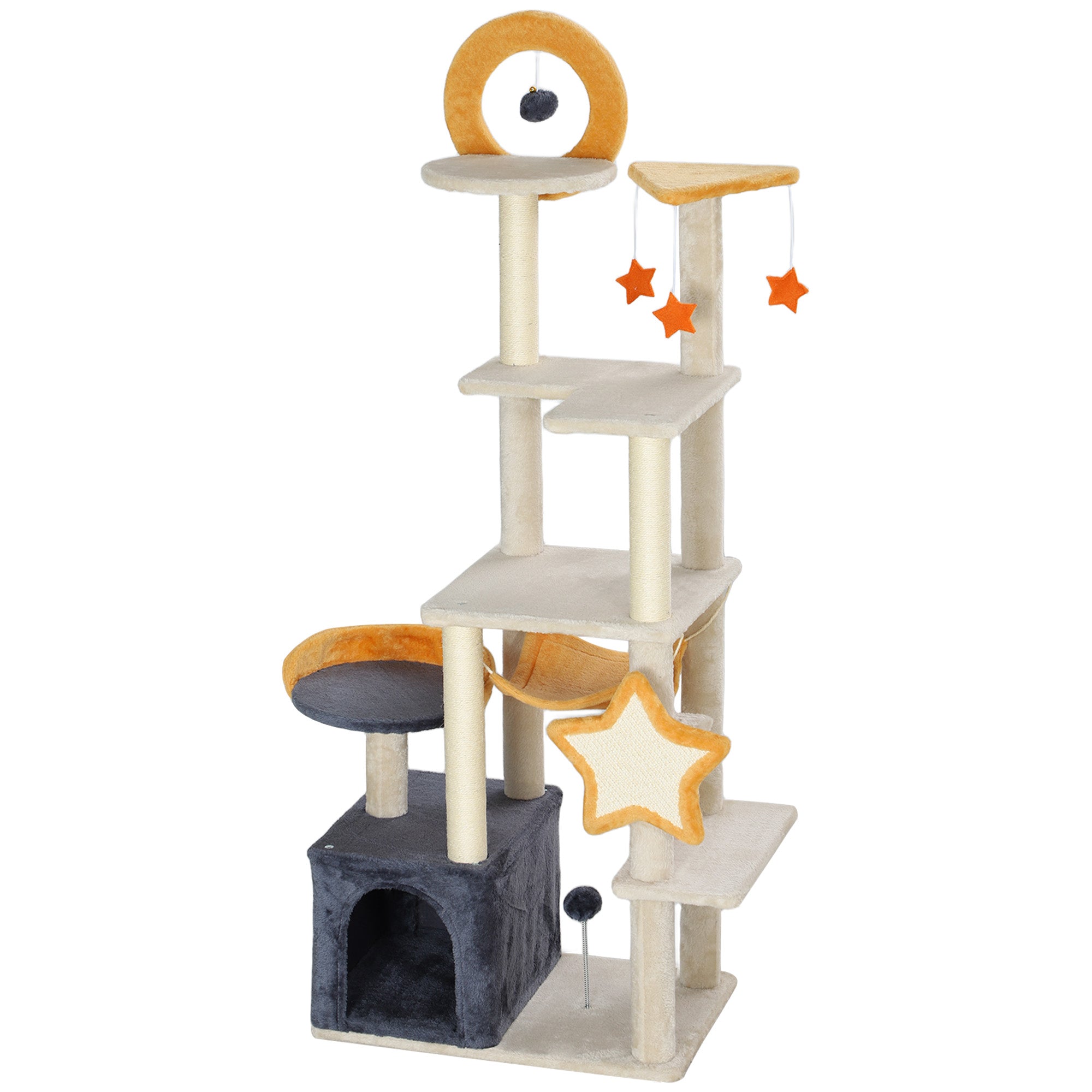 Arbre à chat sur le thème des étoiles et de la lune avec poteaux à griffer, niche, lit, planche à griffer et jouets pour chat, beige