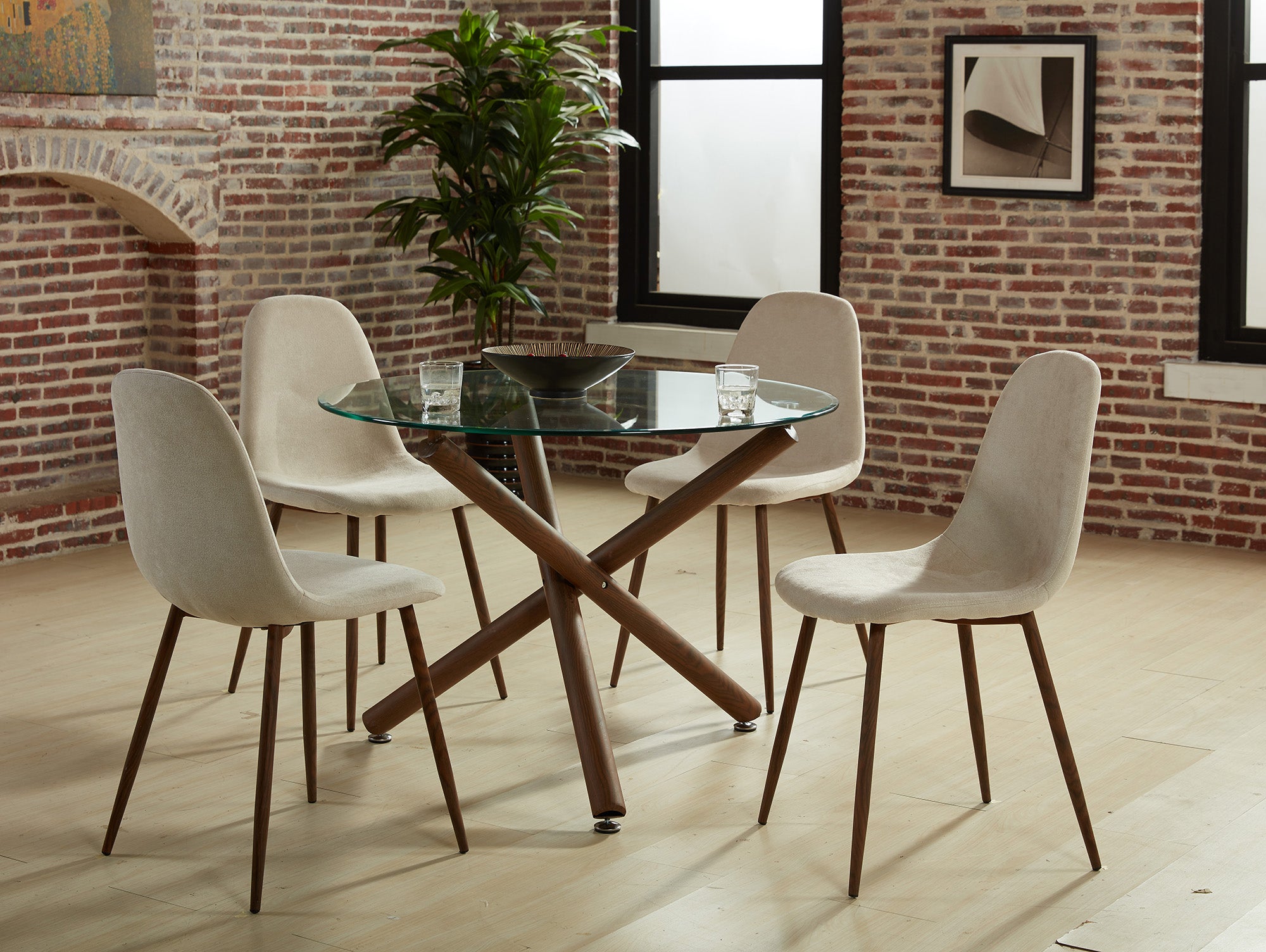 Lyna Side Chair - Beige Fabric with Walnut Finish Metal Legs-DECOROLALA