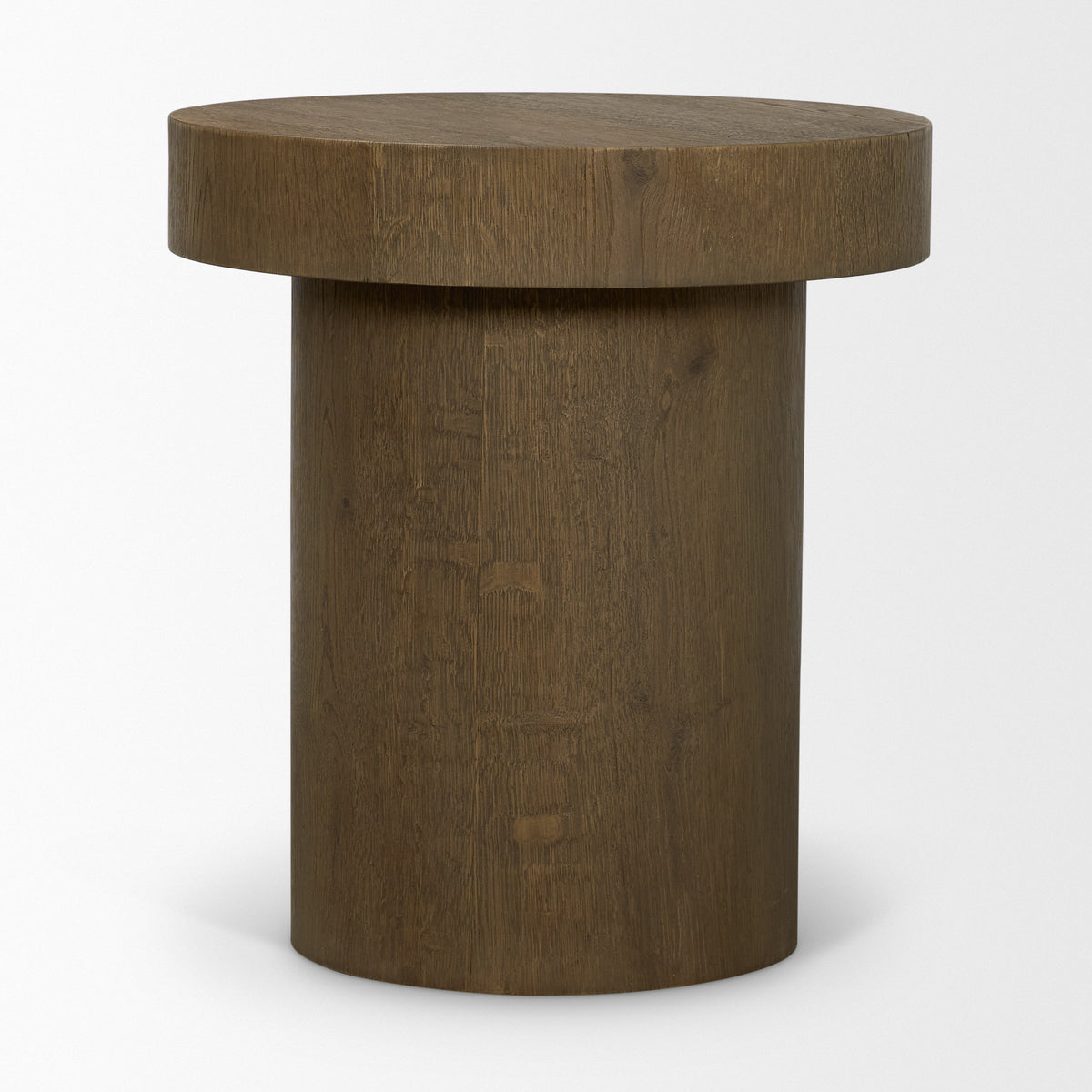 Lyonne Round Medium Brown Oak Wood Pedestal Side Tables-End and Side Tables-DECOROLALA