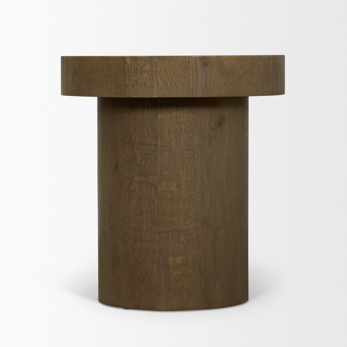 Lyonne Round Medium Brown Oak Wood Pedestal Side Tables-End and Side Tables-DECOROLALA