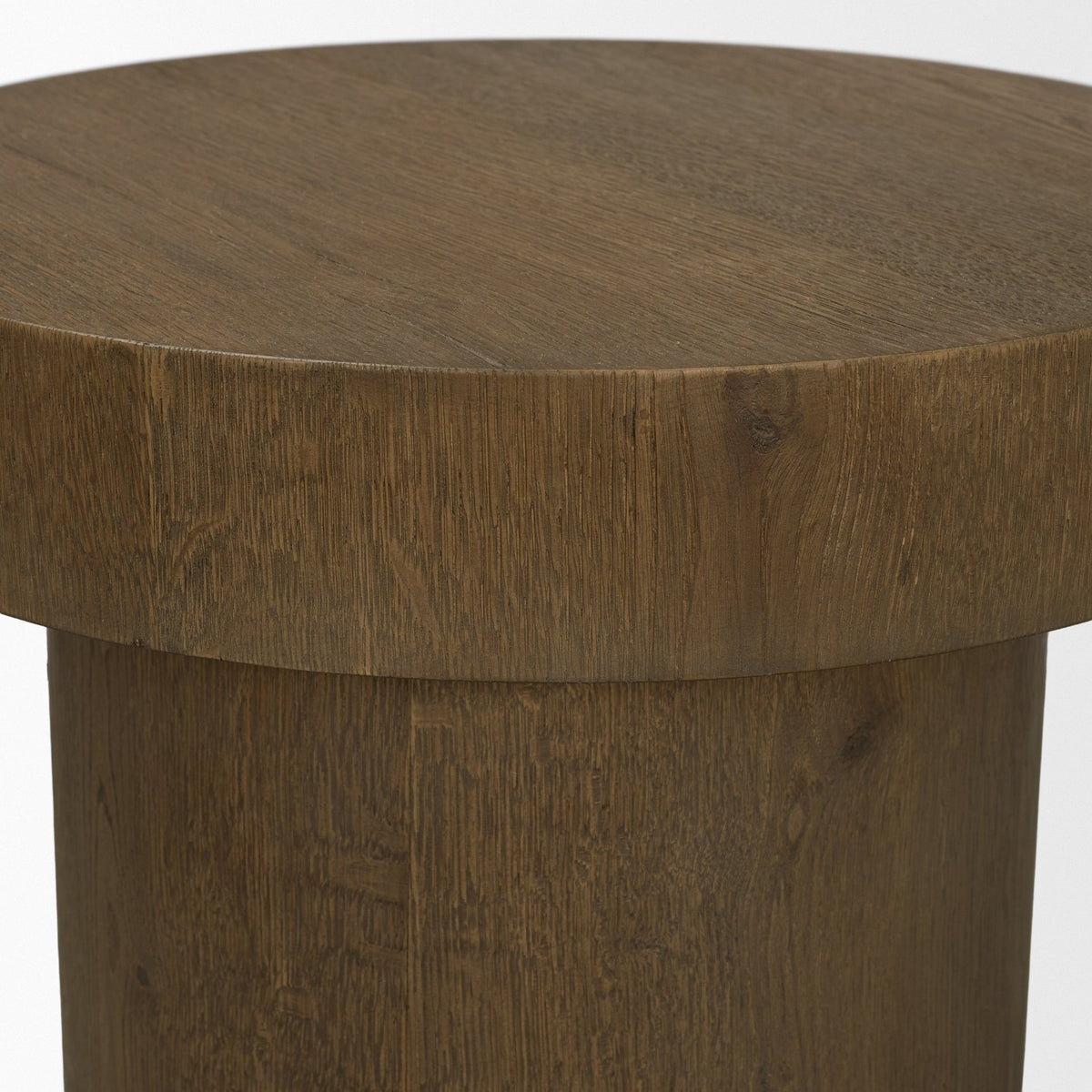 Lyonne Round Medium Brown Oak Wood Pedestal Side Tables-End and Side Tables-DECOROLALA