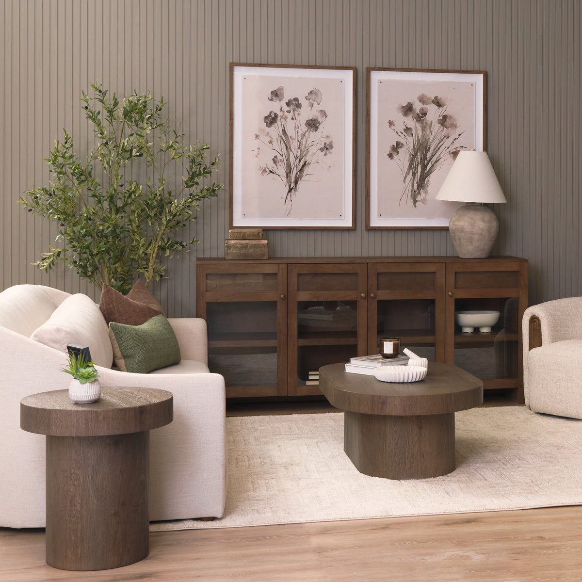 Lyonne Round Medium Brown Oak Wood Pedestal Side Tables-End and Side Tables-DECOROLALA