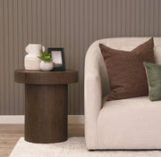 Lyonne Round Medium Brown Oak Wood Pedestal Side Tables-End and Side Tables-DECOROLALA