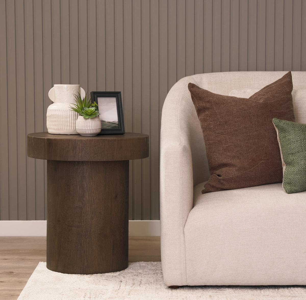 Lyonne Round Medium Brown Oak Wood Pedestal Side Tables-Side Tables-DECOROLALA