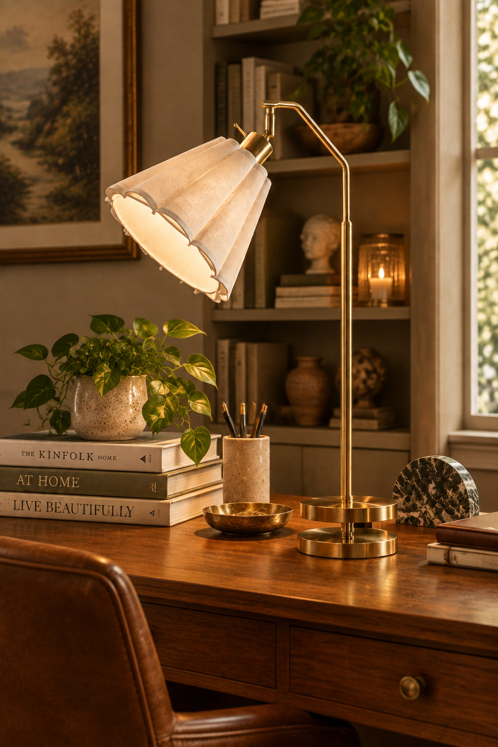 Lyra 26" Table Lamp Brass Antique White Shade-Lighting-DECOROLALA