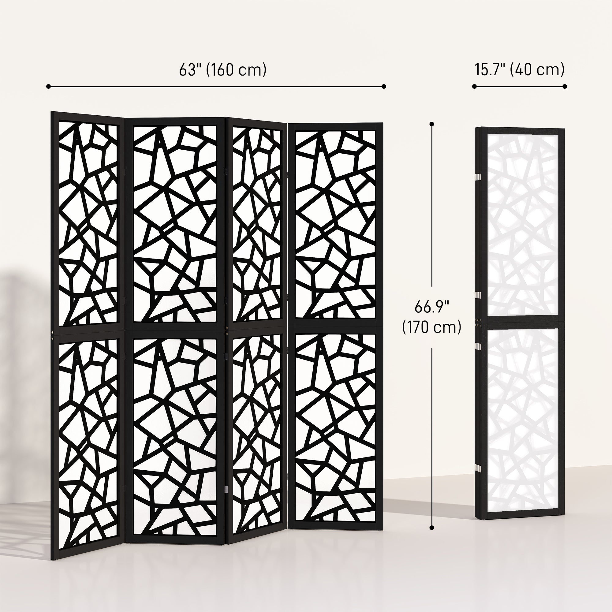 4 Panel Room Divider, 5.6 FT Lightweight Folding Privacy Screen with Geometric Pattern for Living Room, Bedroom, Black