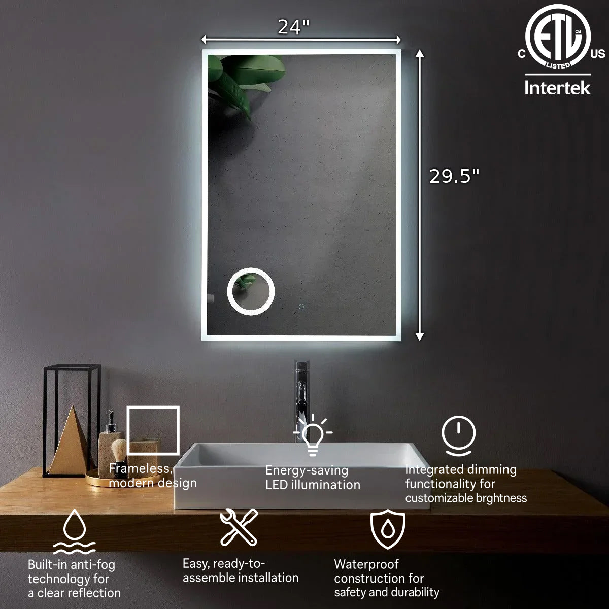 24" x 29.5" LED Bathroom Mirror with Built-in 3X Magnifying Mirror - Frameless Anti-Fog Smart Mirror with Dimming Control, Energy-Saving LED Lighting & Dual Mirror Design