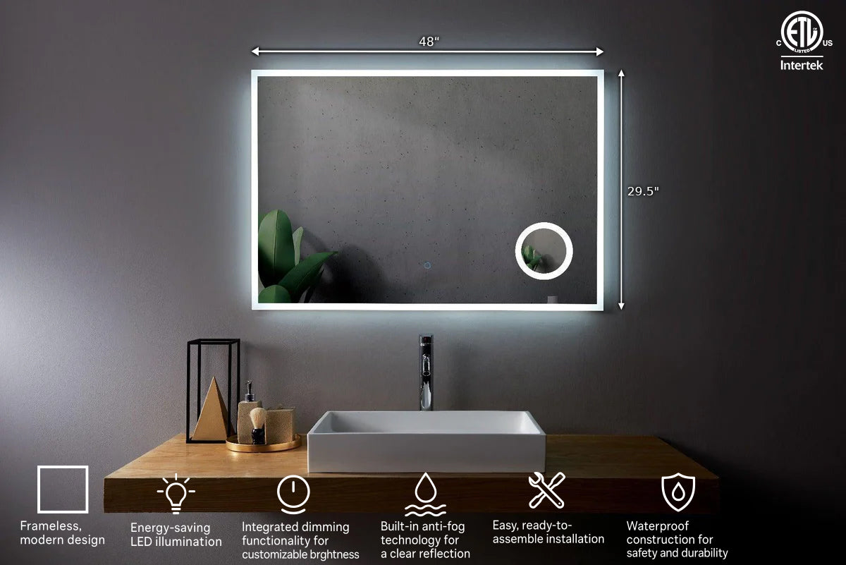 48" x 29.5" LED Bathroom Mirror with Built-in 3X Magnifying Mirror - Frameless Anti-Fog Smart Mirror with Dimming Control, Energy-Saving LED Lighting & Dual Mirror Design