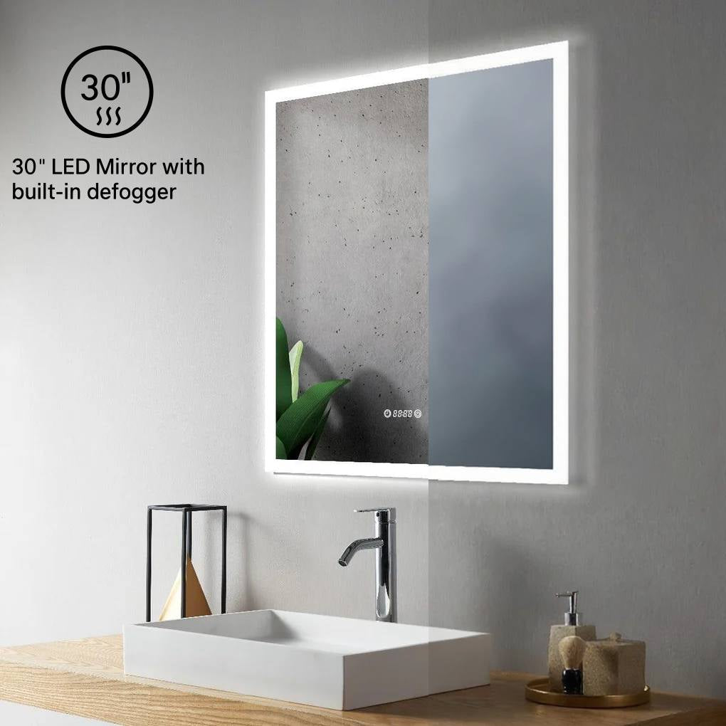 30" x 35.4" Smart LED Bathroom Mirror with Digital Time & Temperature Display - Professional Anti-Fog Mirror with Dual Color Temperature (3000K/6000K), Touch Dimming Control & 5mm Copper-Free Silver Glass