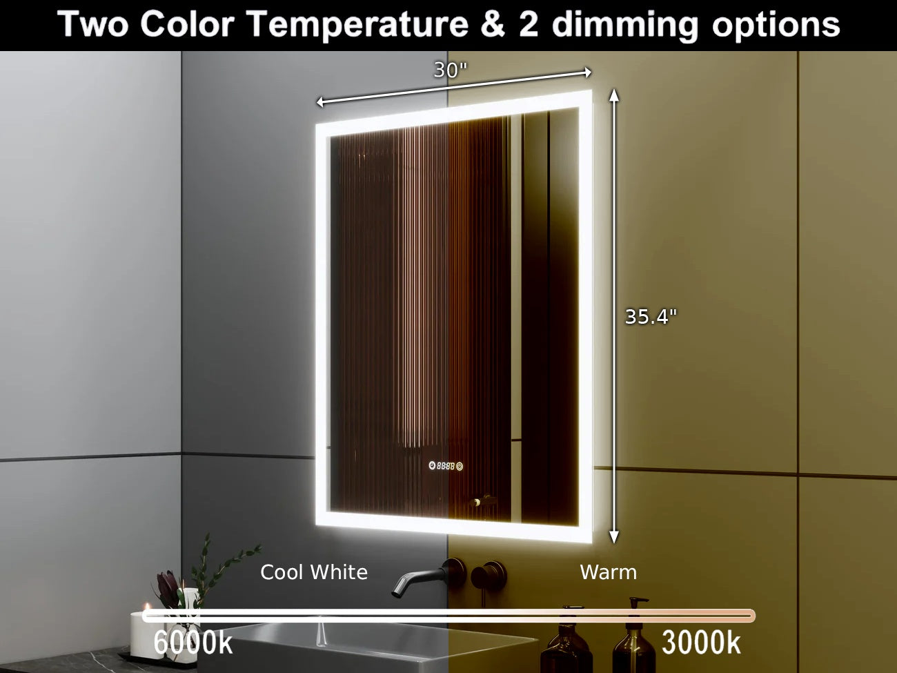 30" x 35.4" Smart LED Bathroom Mirror with Digital Time & Temperature Display - Professional Anti-Fog Mirror with Dual Color Temperature (3000K/6000K), Touch Dimming Control & 5mm Copper-Free Silver Glass