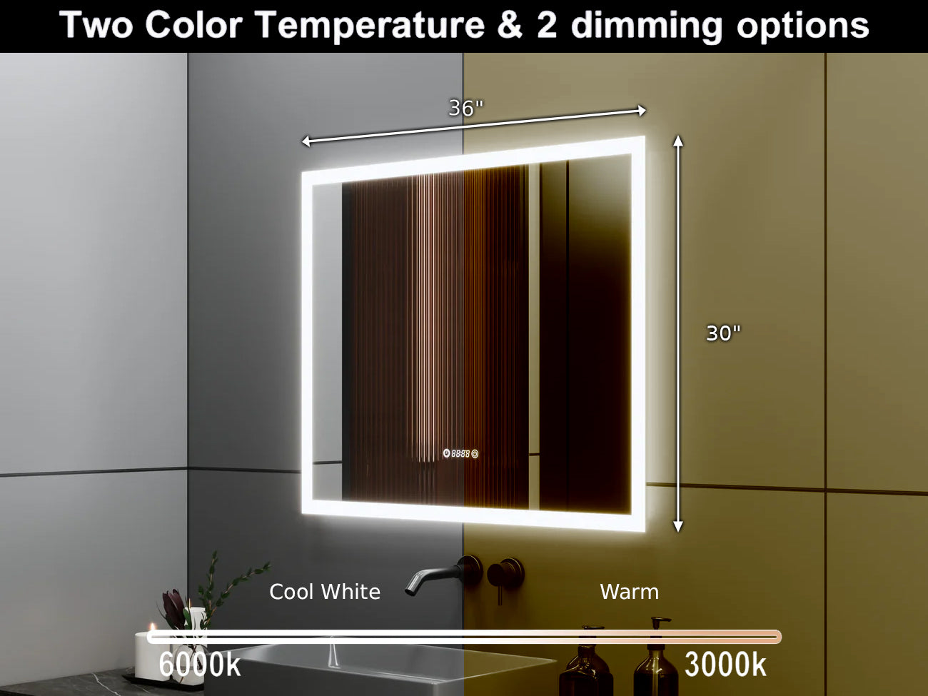 36" x 30" Smart LED Bathroom Mirror with Digital Time & Temperature Display - Professional Anti-Fog Mirror with Dual Color Temperature (3000K/6000K), Touch Dimming Control & 5mm Copper-Free Silver Glass