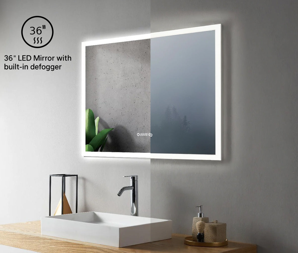 36" x 30" Smart LED Bathroom Mirror with Digital Time & Temperature Display - Professional Anti-Fog Mirror with Dual Color Temperature (3000K/6000K), Touch Dimming Control & 5mm Copper-Free Silver Glass