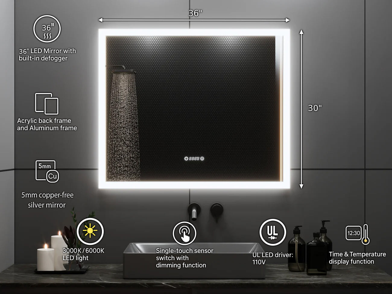 36" x 30" Smart LED Bathroom Mirror with Digital Time & Temperature Display - Professional Anti-Fog Mirror with Dual Color Temperature (3000K/6000K), Touch Dimming Control & 5mm Copper-Free Silver Glass