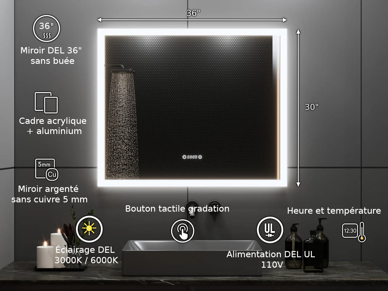 36" x 30" Smart LED Bathroom Mirror with Digital Time & Temperature Display - Professional Anti-Fog Mirror with Dual Color Temperature (3000K/6000K), Touch Dimming Control & 5mm Copper-Free Silver Glass