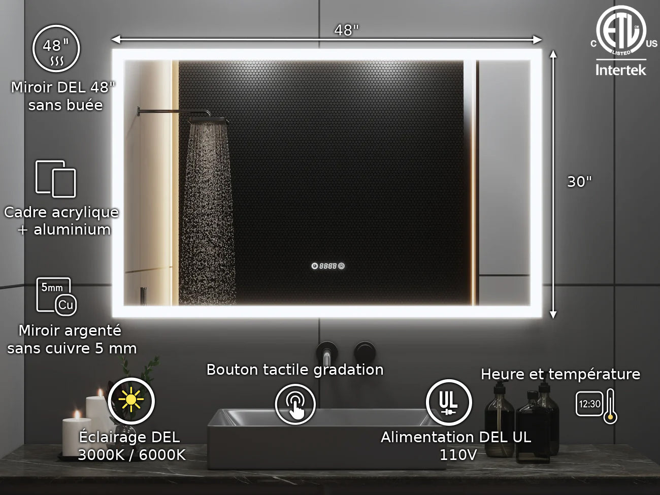 48" x 30" Smart LED Bathroom Mirror with Digital Time & Temperature Display - Professional Anti-Fog Mirror with Dual Color Temperature (3000K/6000K), Touch Dimming Control & 5mm Copper-Free Silver Glass