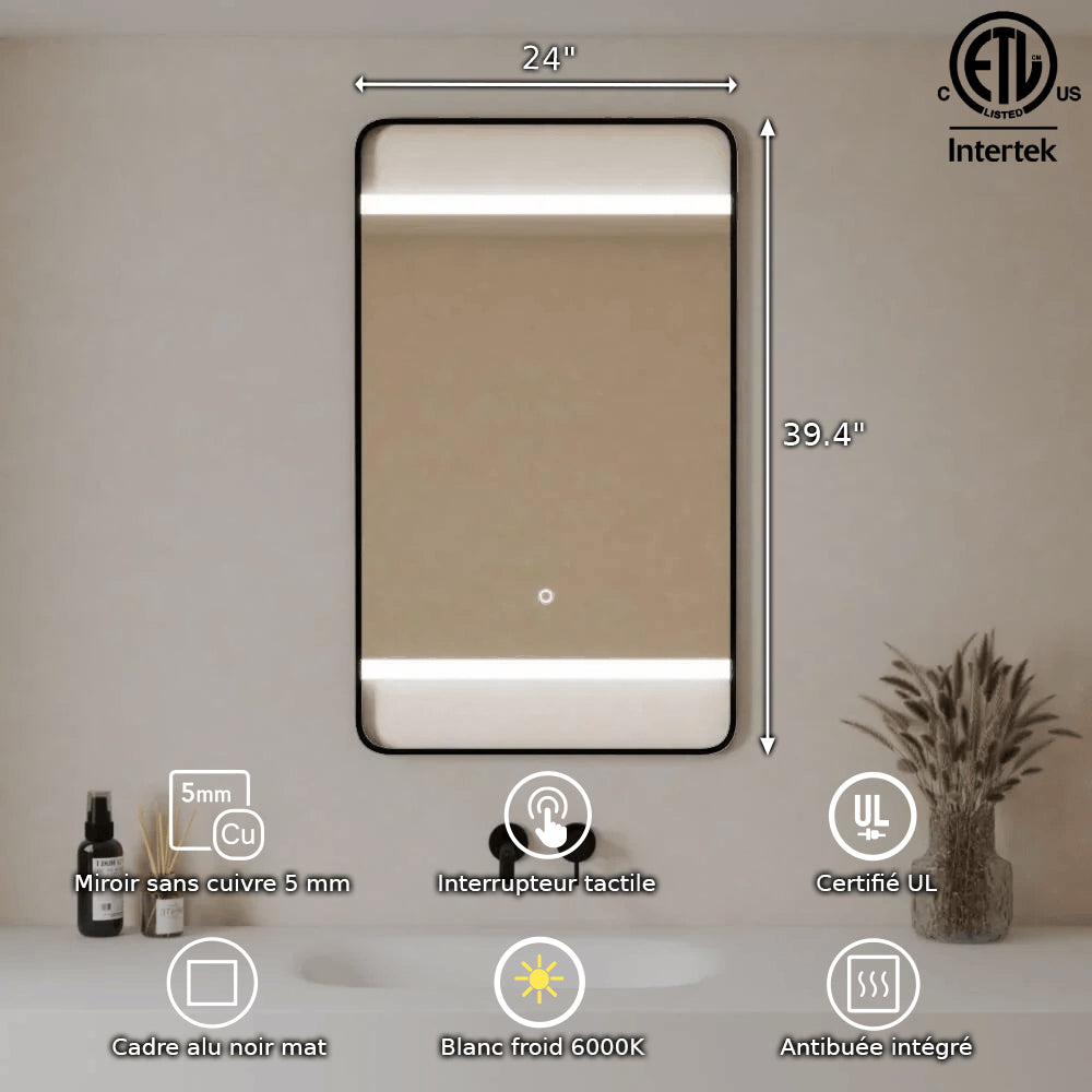 24" x 29.4" LED Bathroom Mirror with Premium Matte Black Aluminum Frame - Rounded Corner Anti-Fog Smart Mirror with Touch Sensor Control & 6000K Cool White Lighting