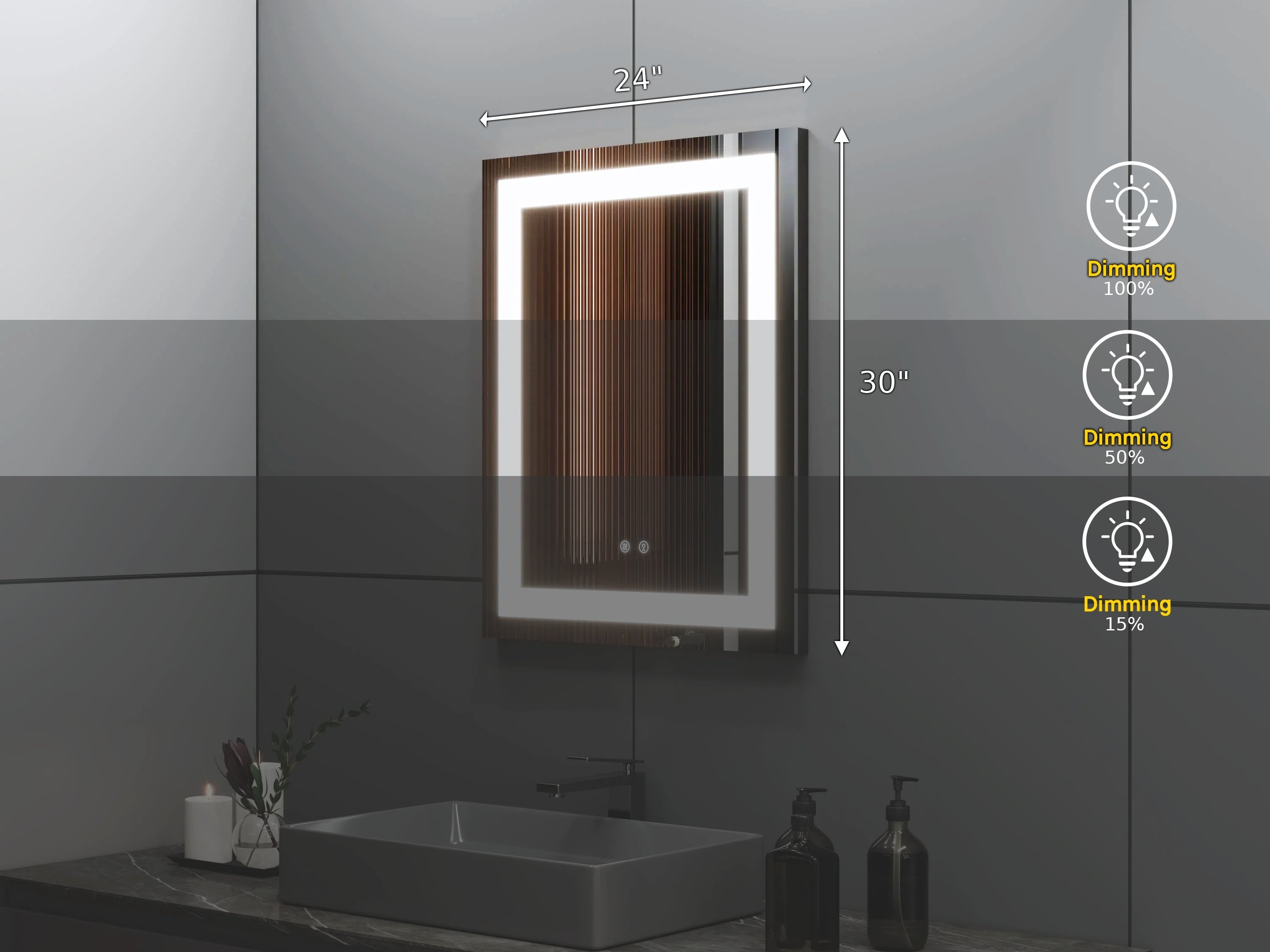 24" x 30" Professional LED Bathroom Mirror with Four-Sided Frost Lighting - Studio-Grade Anti-Fog Mirror with 5185 Lumens, 80+ CRI Color Accuracy, Touch Dimming Control & Advanced Light Guide Technology