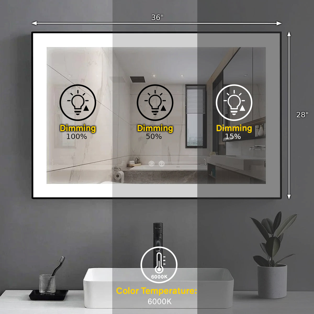 36" x 28" LED Bathroom Mirror with Matte Black Aluminum Frame - Hardwired Anti-Fog Smart Mirror with Frosted Edge Glow, Dimming Control & 6000K Backlit Lighting