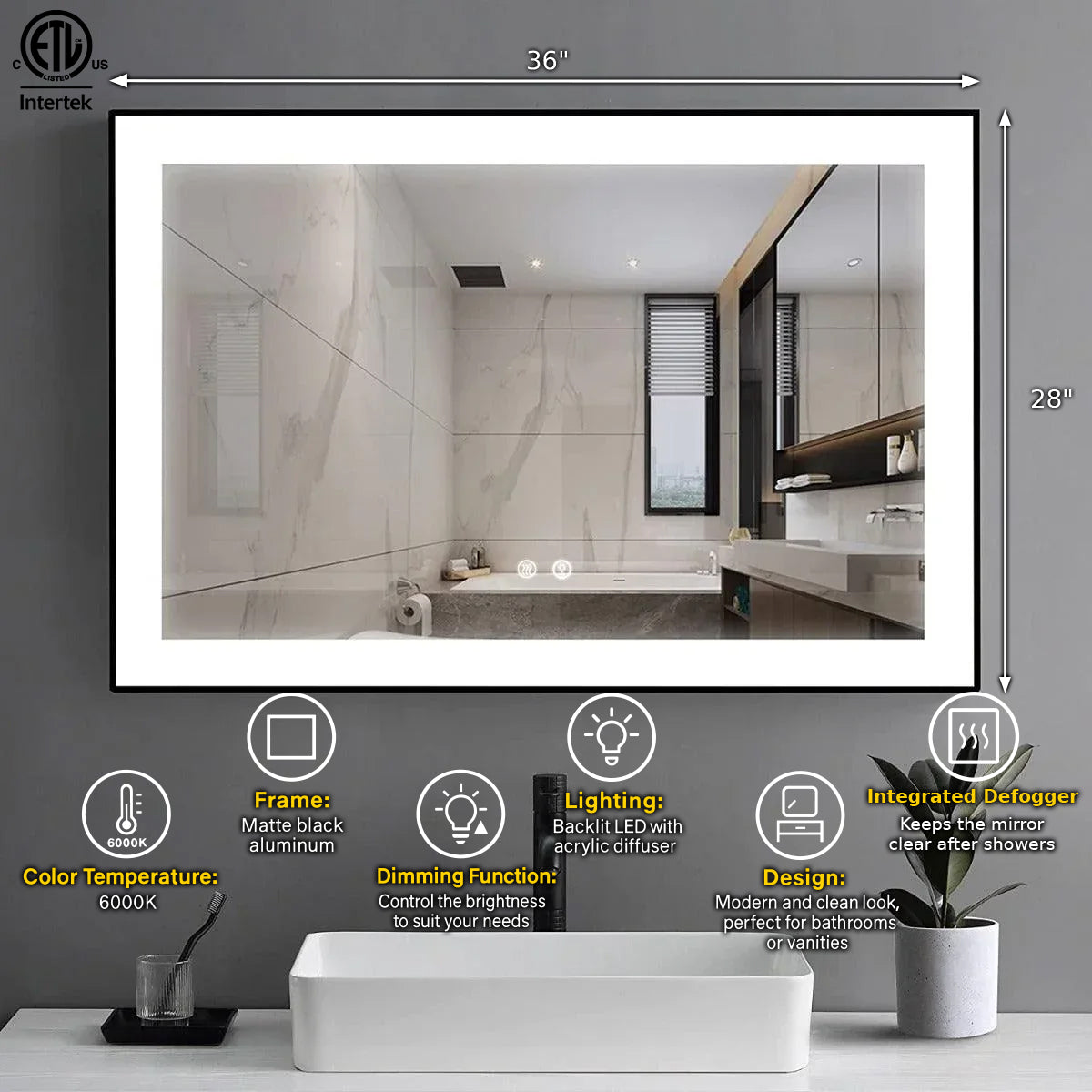 36" x 28" LED Bathroom Mirror with Matte Black Aluminum Frame - Hardwired Anti-Fog Smart Mirror with Frosted Edge Glow, Dimming Control & 6000K Backlit Lighting