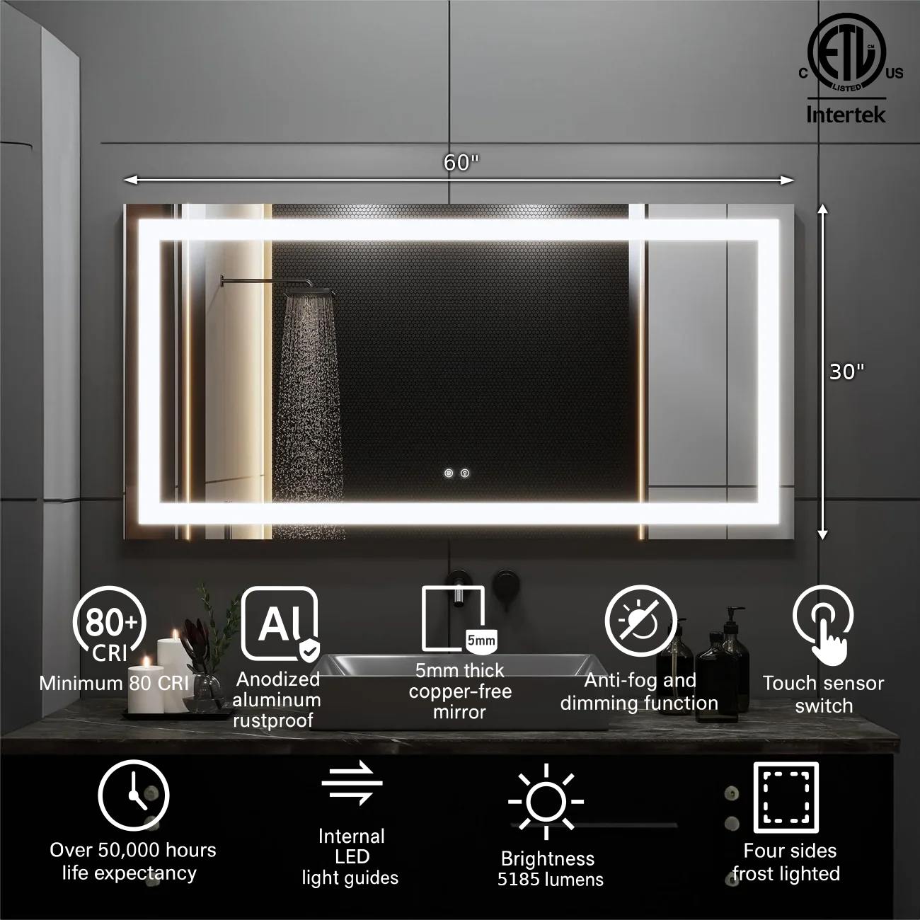 60" x 30" Professional LED Bathroom Mirror with Four-Sided Frost Lighting - Studio-Grade Anti-Fog Mirror with 5185 Lumens, 80+ CRI Color Accuracy, Touch Dimming Control & Advanced Light Guide Technology