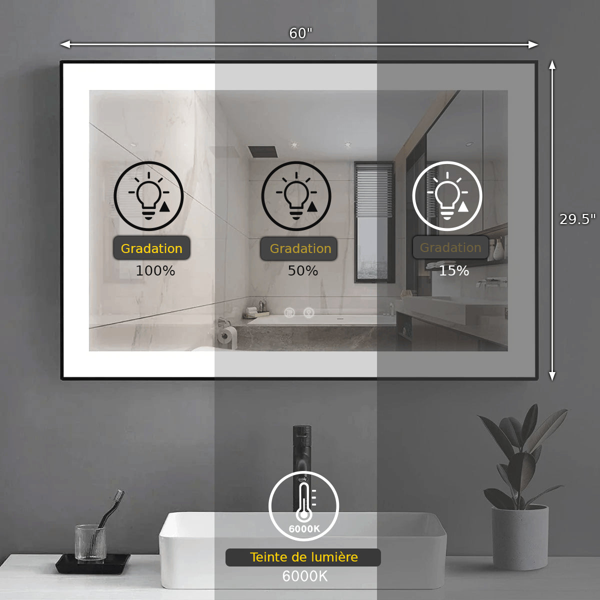 60" x 28" LED Bathroom Mirror with Matte Black Aluminum Frame - Hardwired Anti-Fog Smart Mirror with Frosted Edge Glow, Dimming Control & 6000K Backlit Lighting