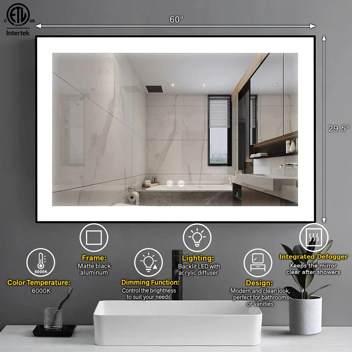 60" x 28" LED Bathroom Mirror with Matte Black Aluminum Frame - Hardwired Anti-Fog Smart Mirror with Frosted Edge Glow, Dimming Control & 6000K Backlit Lighting