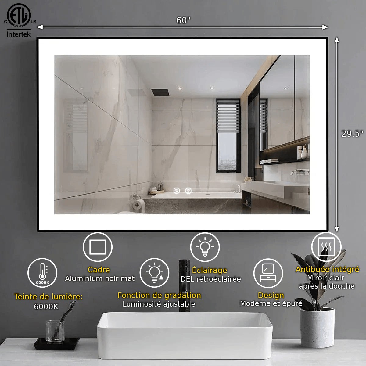60" x 28" LED Bathroom Mirror with Matte Black Aluminum Frame - Hardwired Anti-Fog Smart Mirror with Frosted Edge Glow, Dimming Control & 6000K Backlit Lighting