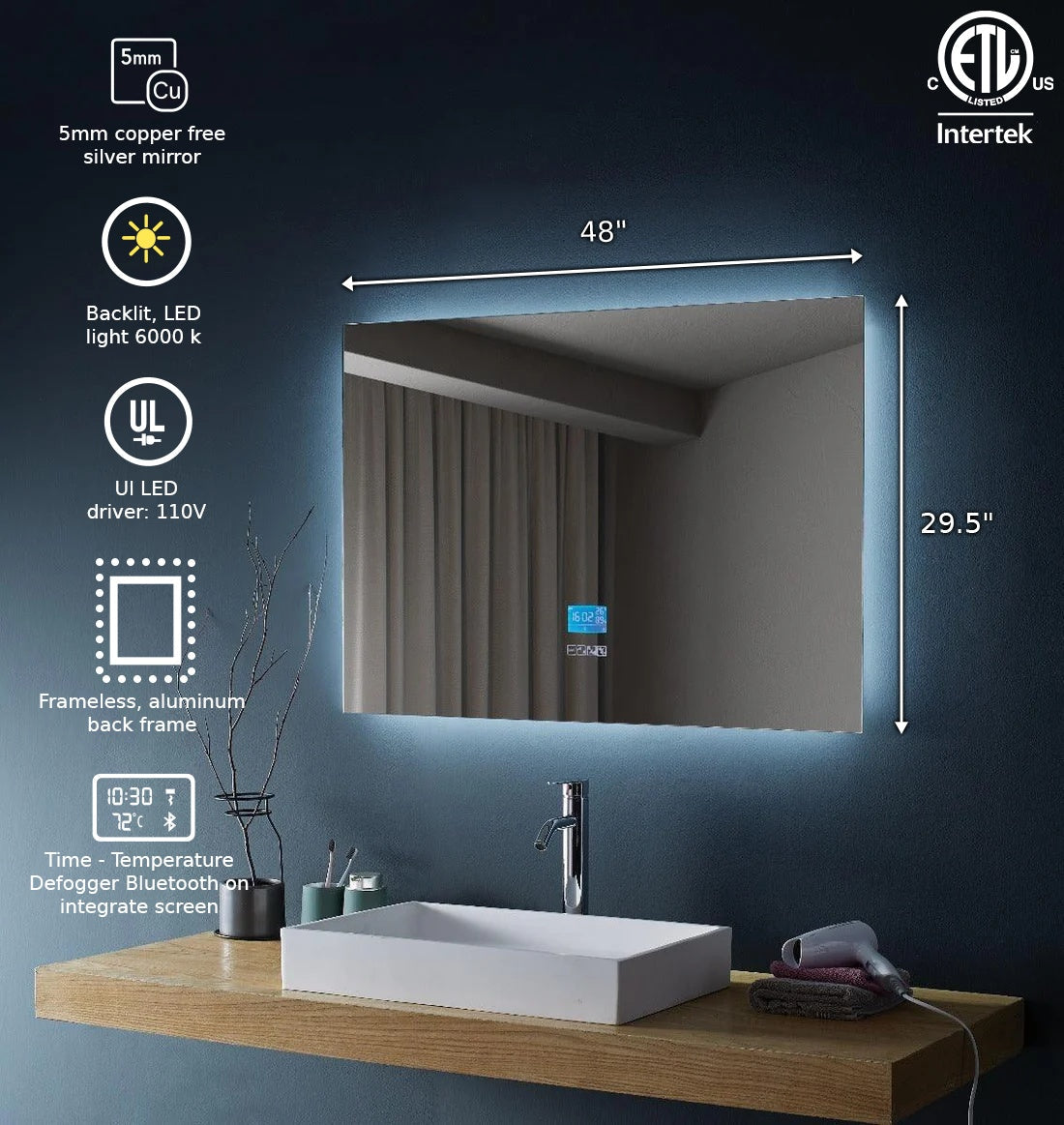 48" x 30" Smart LED Bathroom Mirror with Touch Screen Display - Bluetooth Mirror with Built-in Speakers, Automatic Anti-Fog Technology, Energy-Saving Lighting & Frameless Design