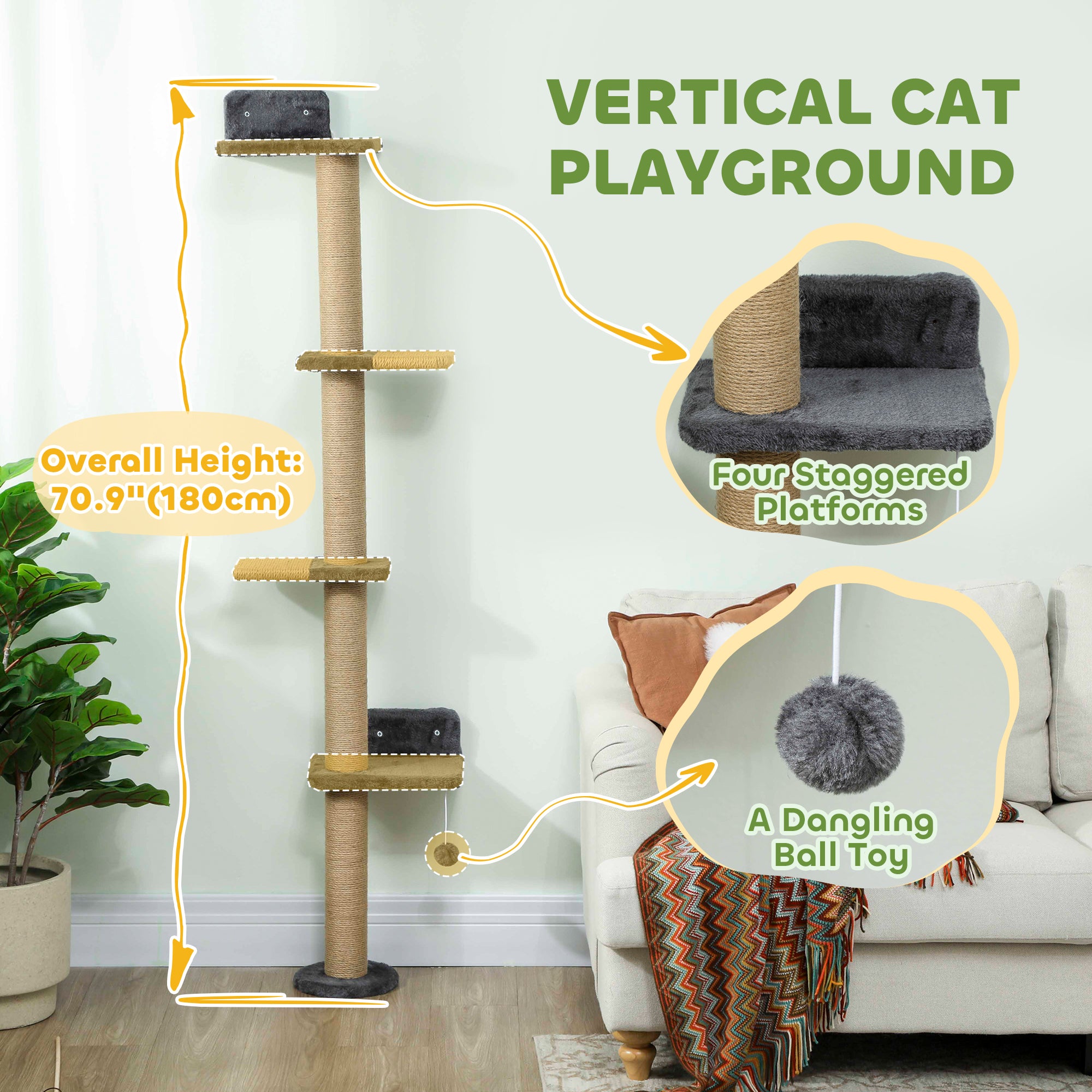Cat Wall Shelves, Cat Wall Furniture with 4 Platforms, Jute Scratching Post for Indoor Playing, Climbing, Dark Grey