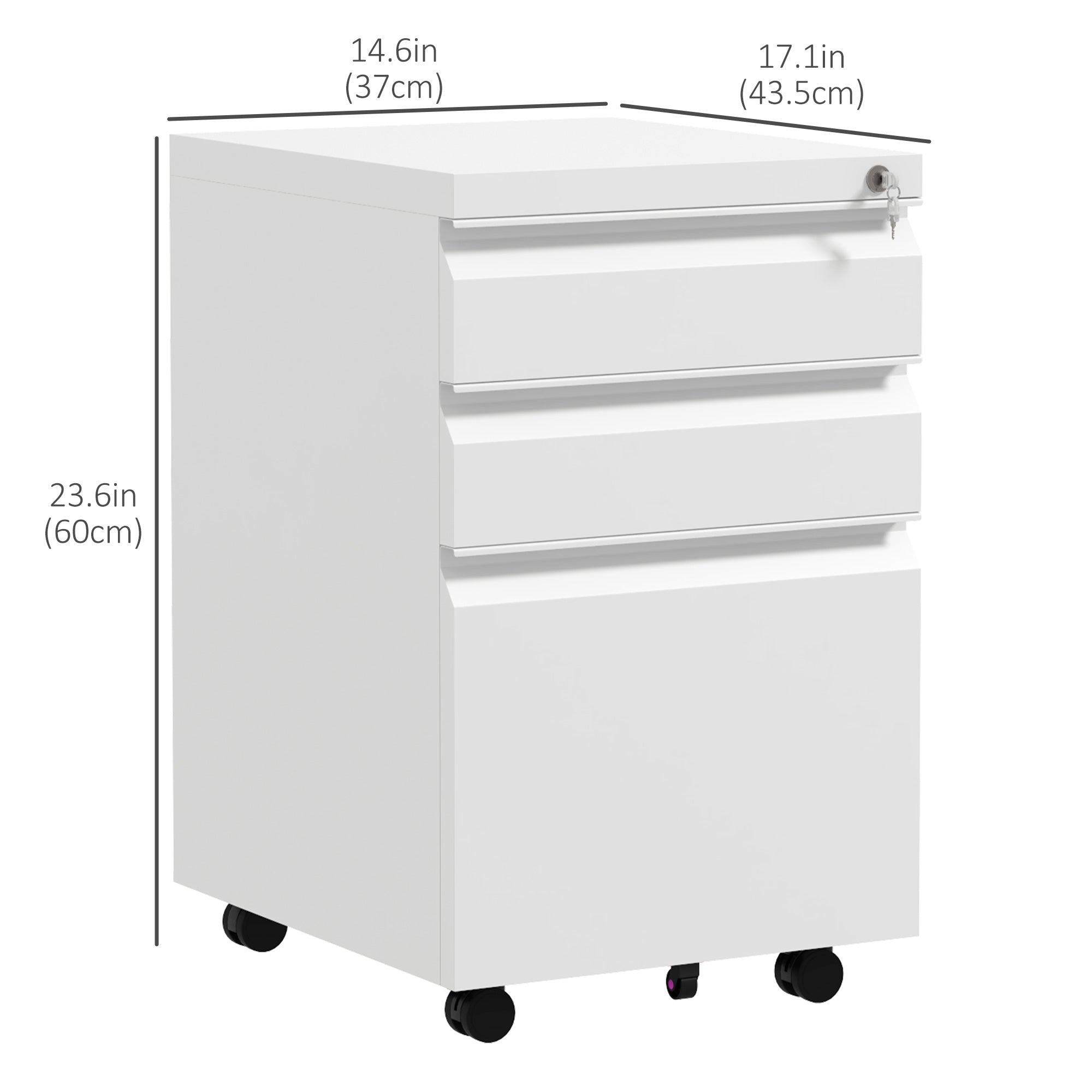 3-Drawer Steel File Cabinet with Lock - White 23.6"H