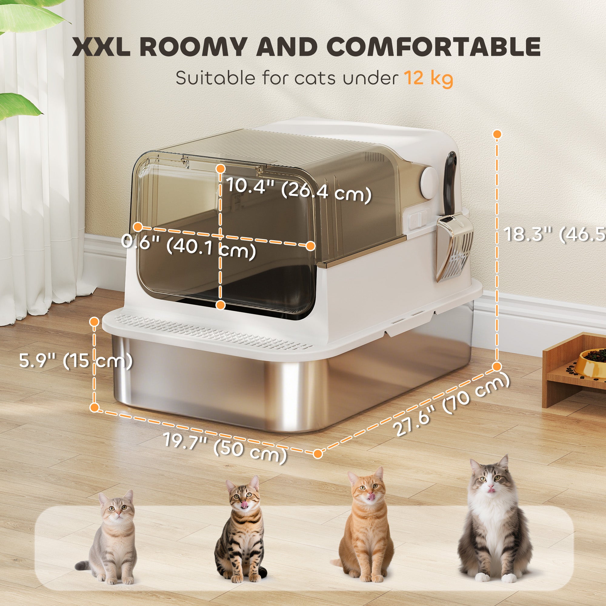 Stainless Steel Cat Litter Box, Easy-Clean Enclosure with Scoop & Flip Lid, 27.6" L x 19.7" W x 18.3" H, White