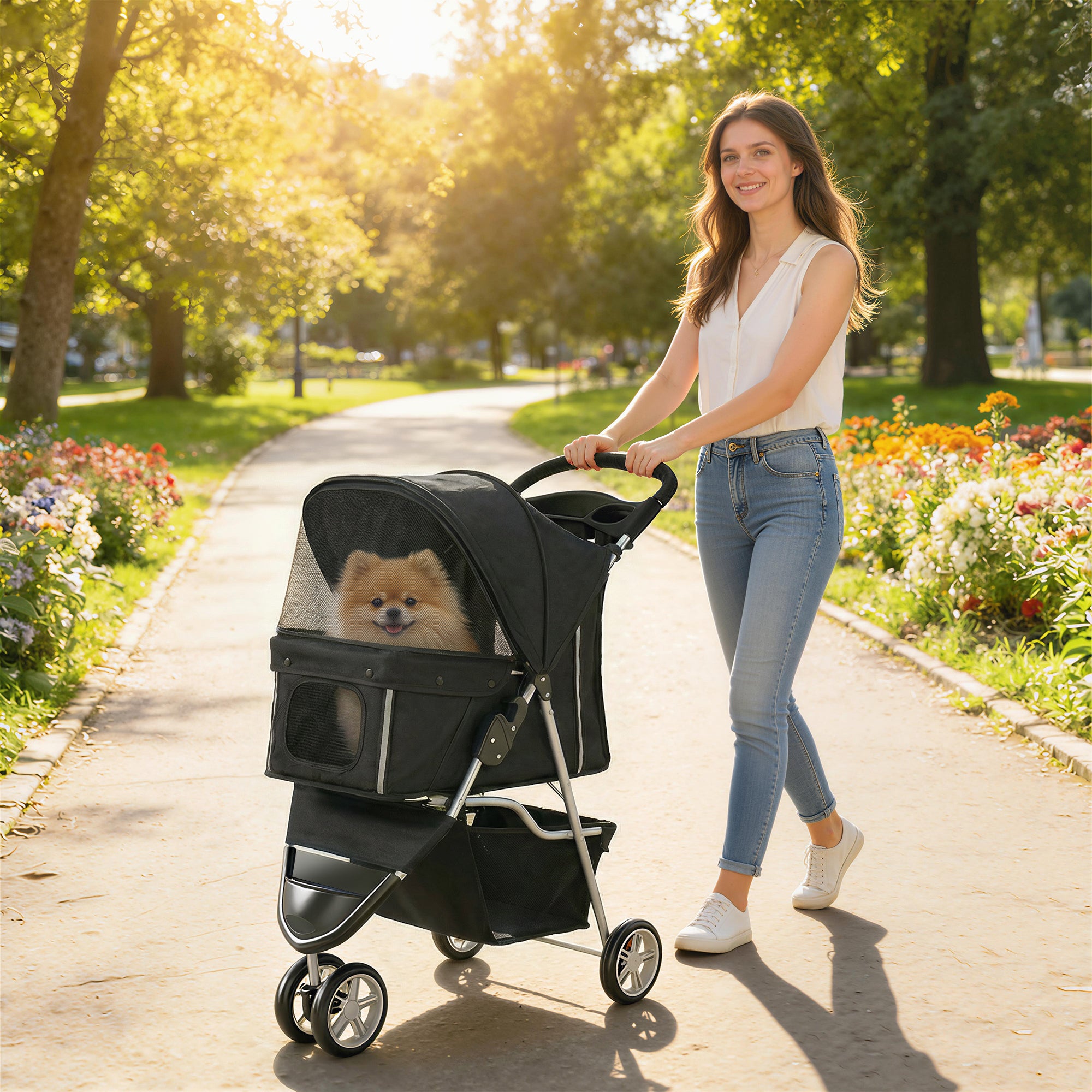 3 Wheels Foldable Dog Stroller with Storage Basket, Adjustable Canopy, Cupholder for Miniature and Small Dogs, Black