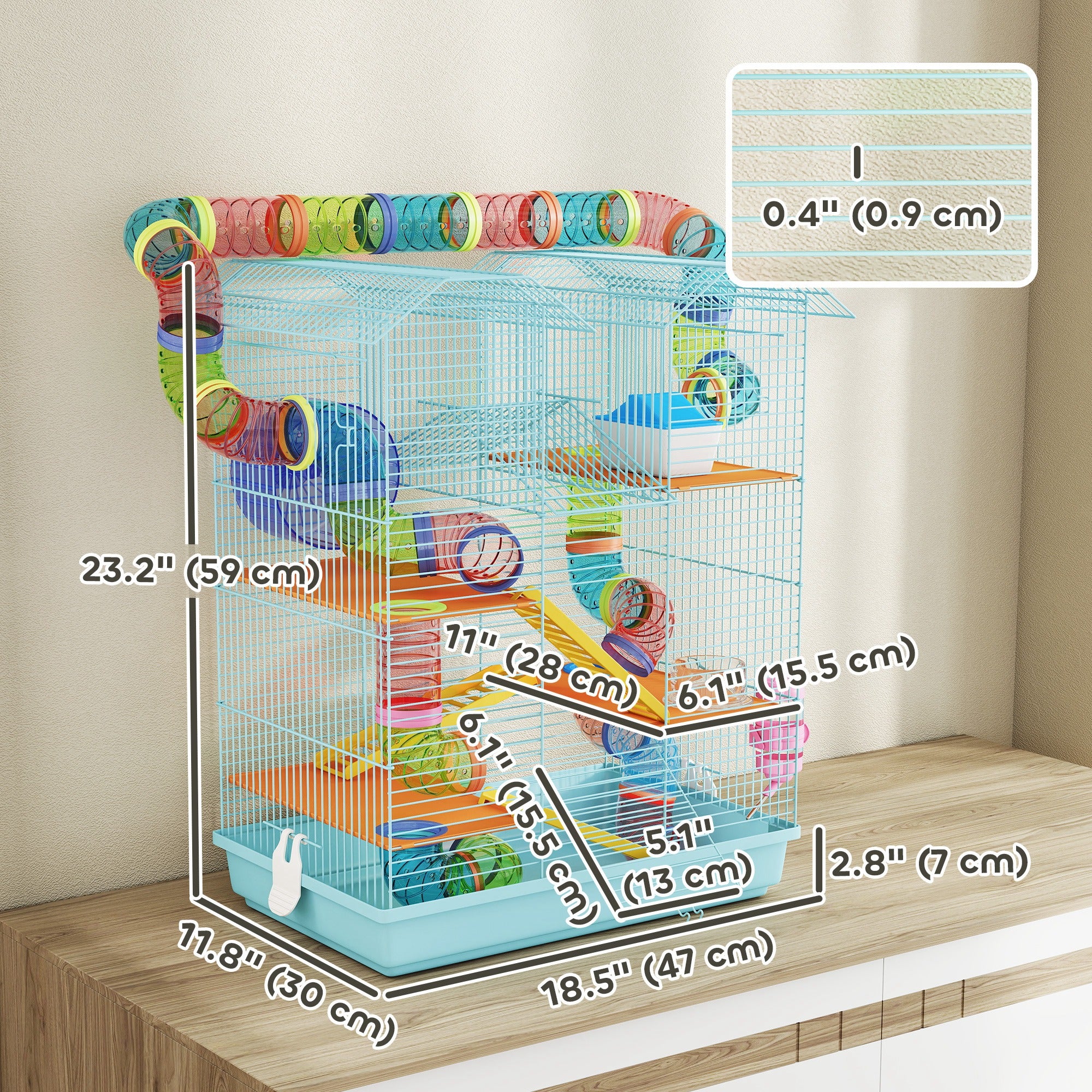 18.5" Hamster Cage, 5 Tiers Small Animal House with Tunnel Tube System, Exercise Wheel, Water Bottle, Light Blue