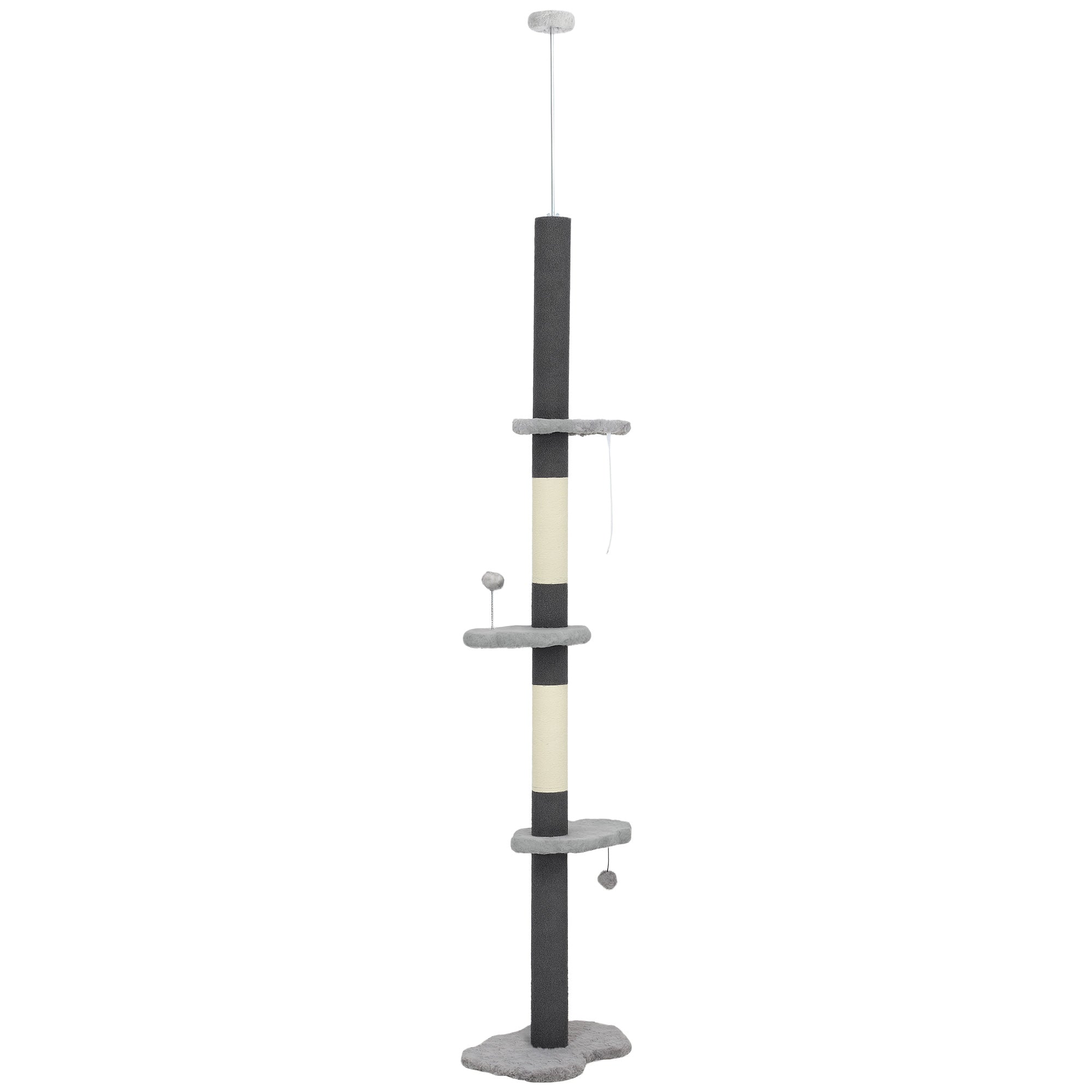 88.5"-100.5" Floor to Ceiling Cat Tree, Cat Tower with Scratching Posts, Cloud Shaped Platforms, Dangling Balls, Grey